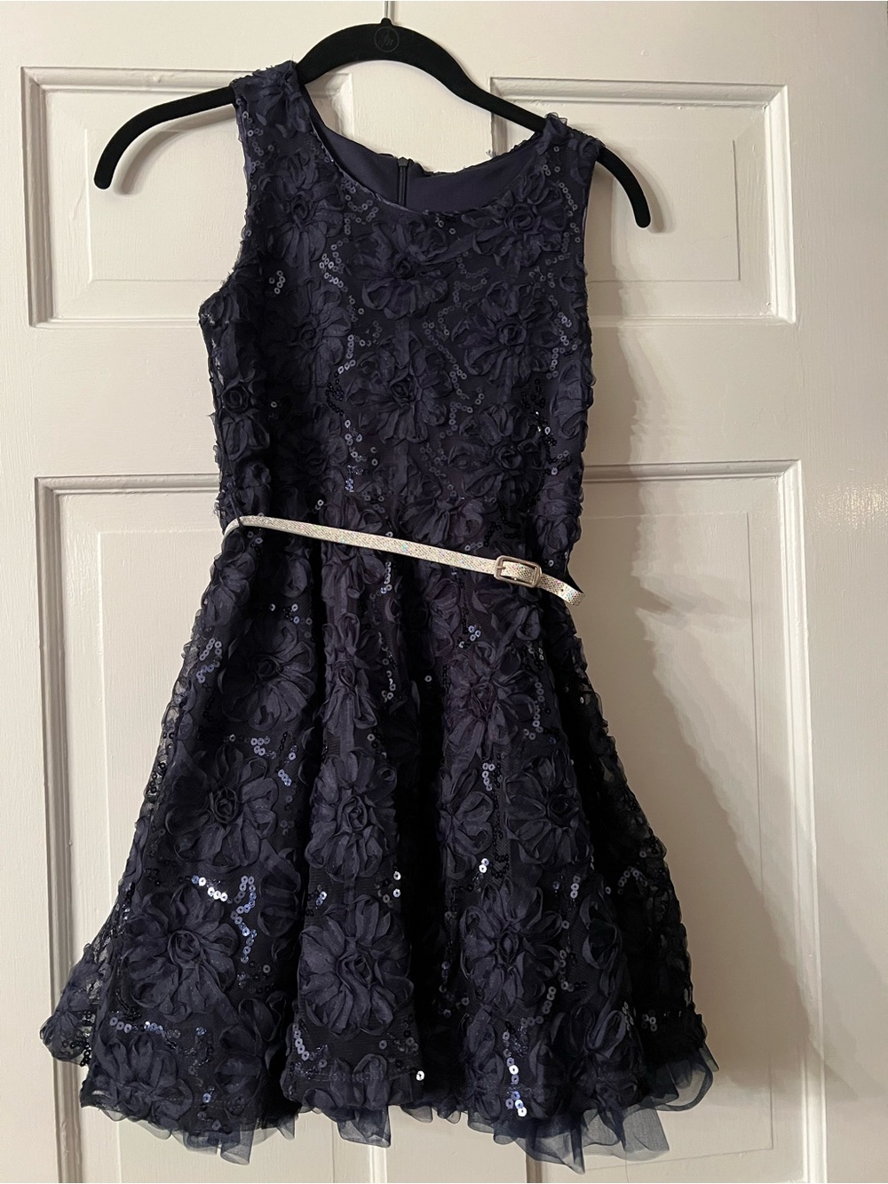 Girls Navy Floral Sequin Party Dress with Metallic Belt